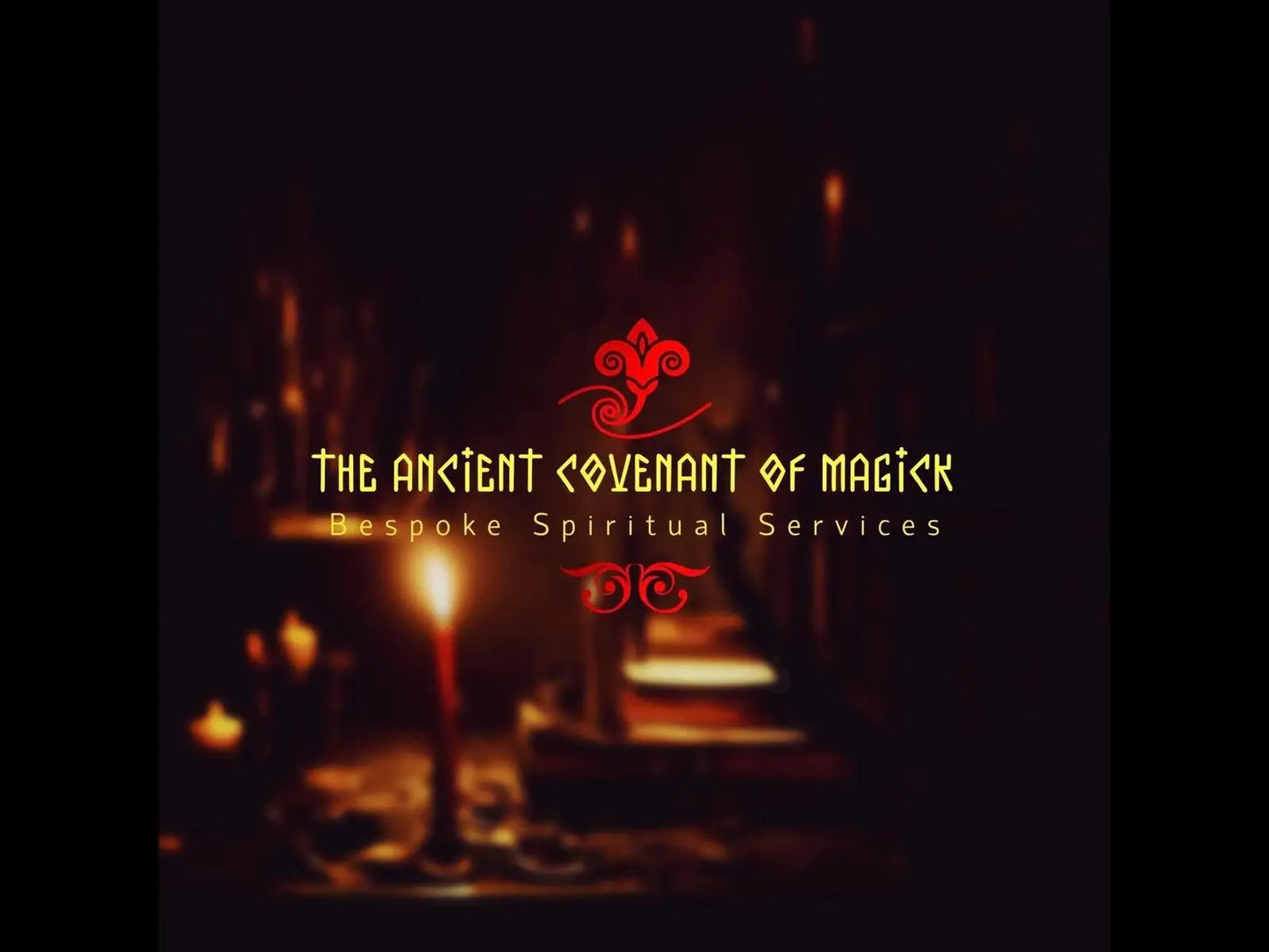 Dimly lit ritual table with glowing candles and mystical ambiance for energy healing ritual by The Ancient Covenant of Magick.