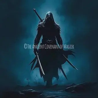 Mystical shadow assassin spirit companion cloaked in darkness holding dual swords, representing stealth and protection.