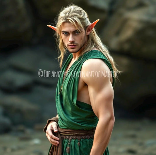 Male Nordic Elven Nymph spirit companion with long blond hair, pointed ears, and green attire embodying love and charm