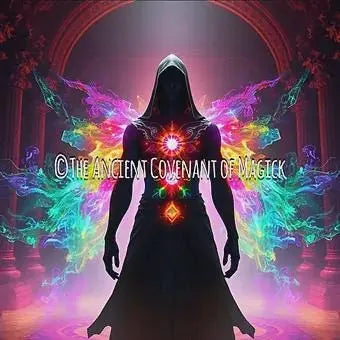 Mystical figure with glowing chakras and vibrant energy wings symbolizing 7 Chakra Alchemy transformation into three power centers.