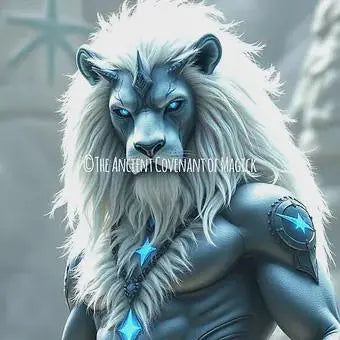 Mystical blue-toned lion figure symbolizing Lord Marbas in energy healing ritual for wellness and spiritual restoration