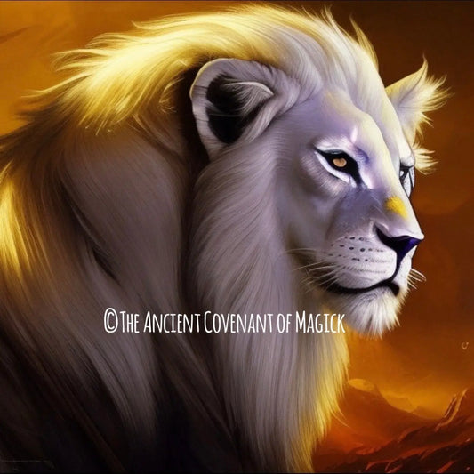 Majestic white royal lion with golden mane symbolizing bravery, wisdom, and mystical spiritual guidance.
