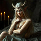 Portrait of a Nordic Elven Nymph spirit companion with long silver hair, delicate horns, and ethereal beauty, radiating mystic and sensual energy in a dimly lit, magical setting.