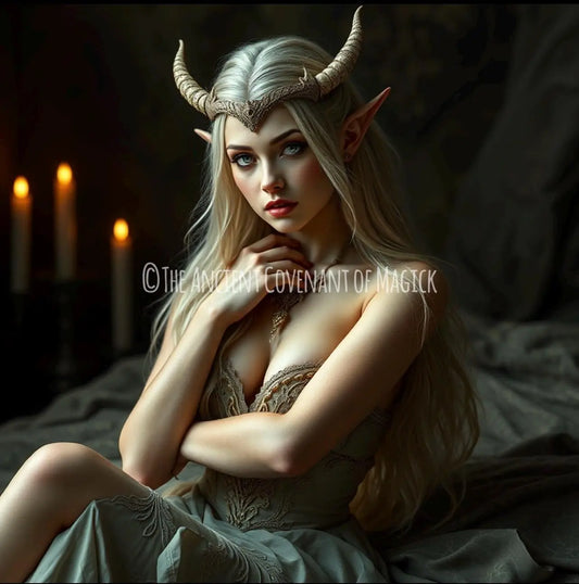 Portrait of a Nordic Elven Nymph spirit companion with long silver hair, delicate horns, and ethereal beauty, radiating mystic and sensual energy in a dimly lit, magical setting.