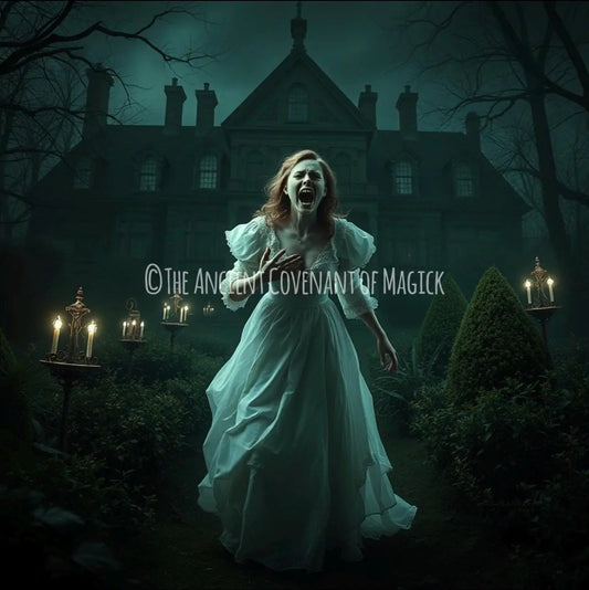 Ghostly woman in white flowing dress screaming in front of a dark haunted mansion at night with lit candles surrounding a garden path, representing the Banshee Spirit Companion